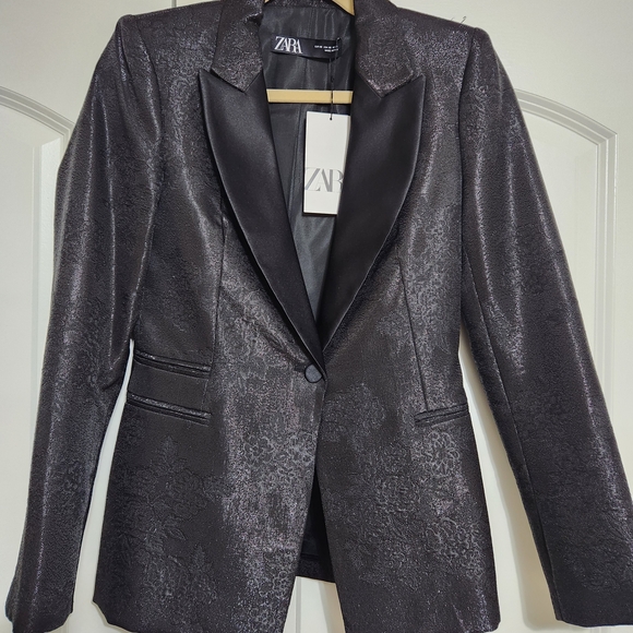 Zara Jacquard Blazer With Sparkle Detail and Satin Lapel / Party Jacket - Picture 3 of 7